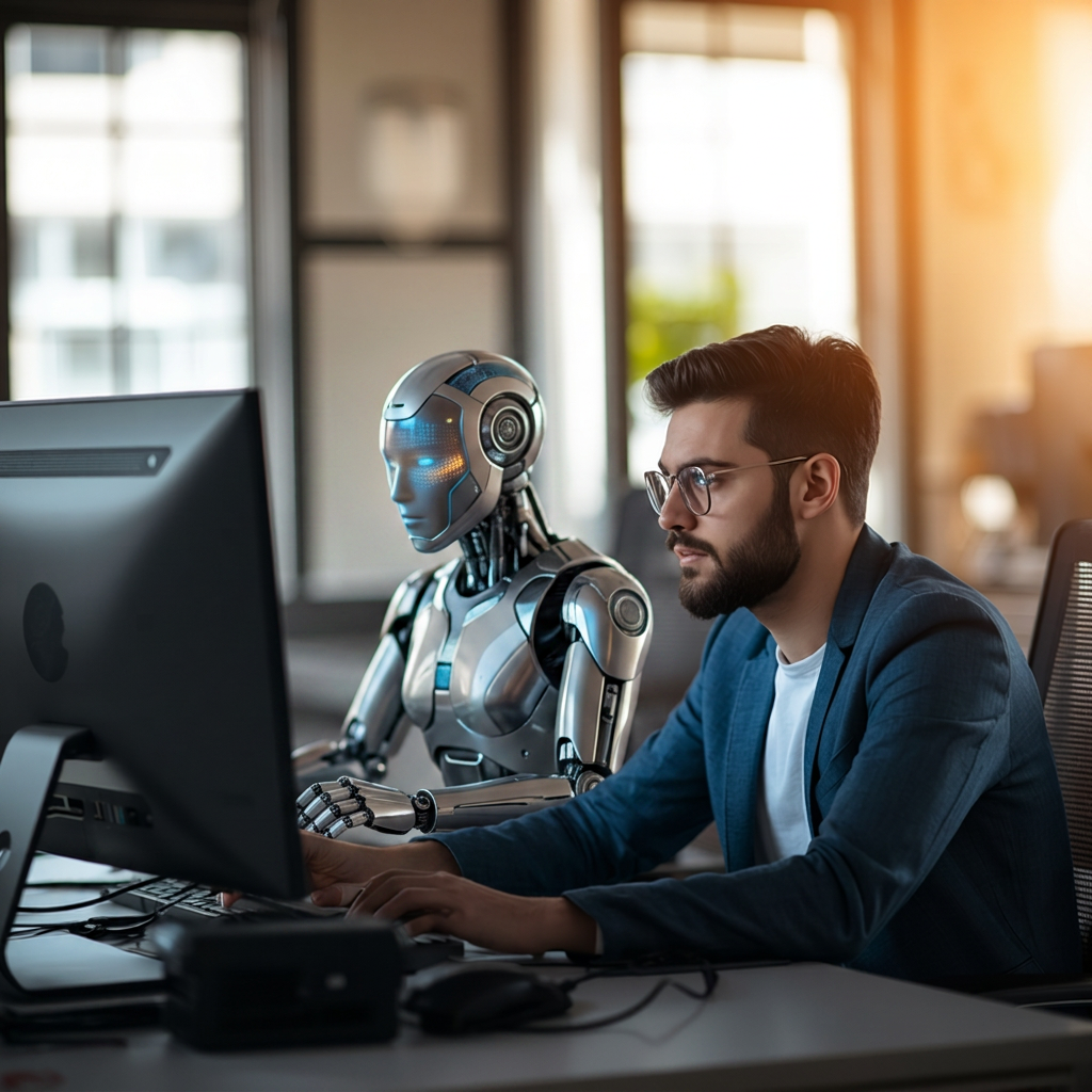 A developer working at his desk alongside an AI, both looking at the same screen — placeholder image, to be replaced